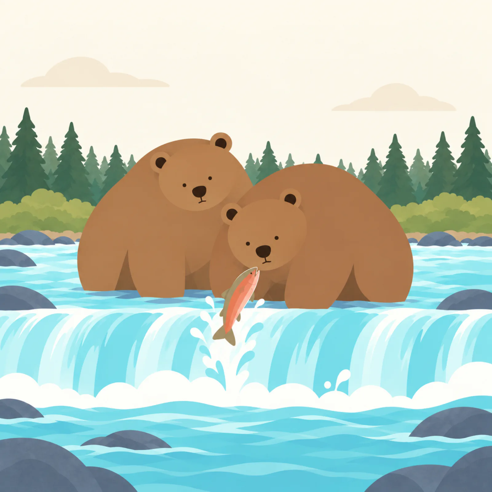 Two enormous bears fishing at the top of a waterfall as a salmon leaps