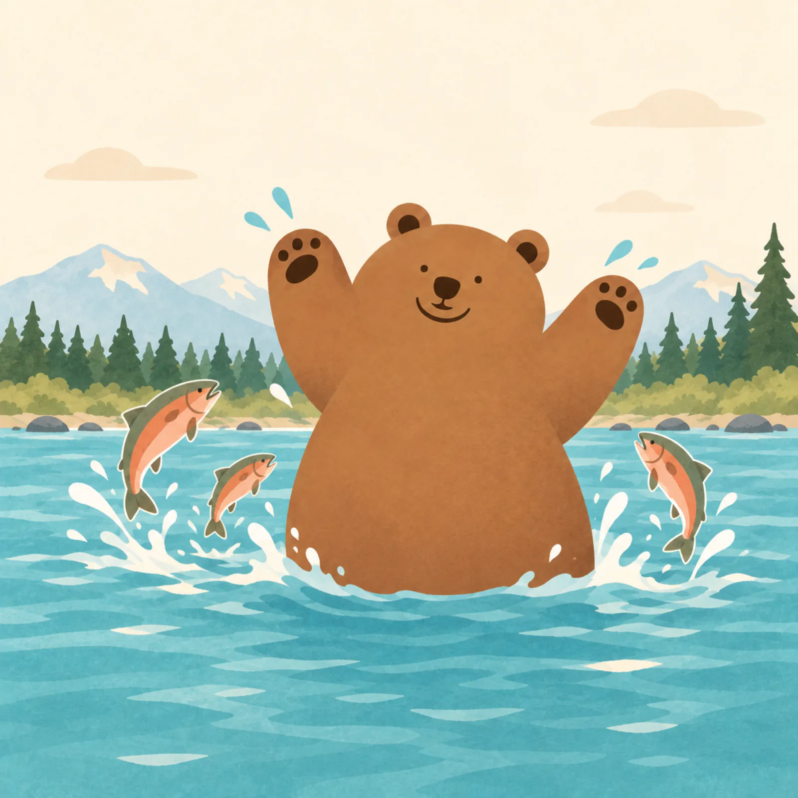 An enormous bear splashing in the river among leaping salmon