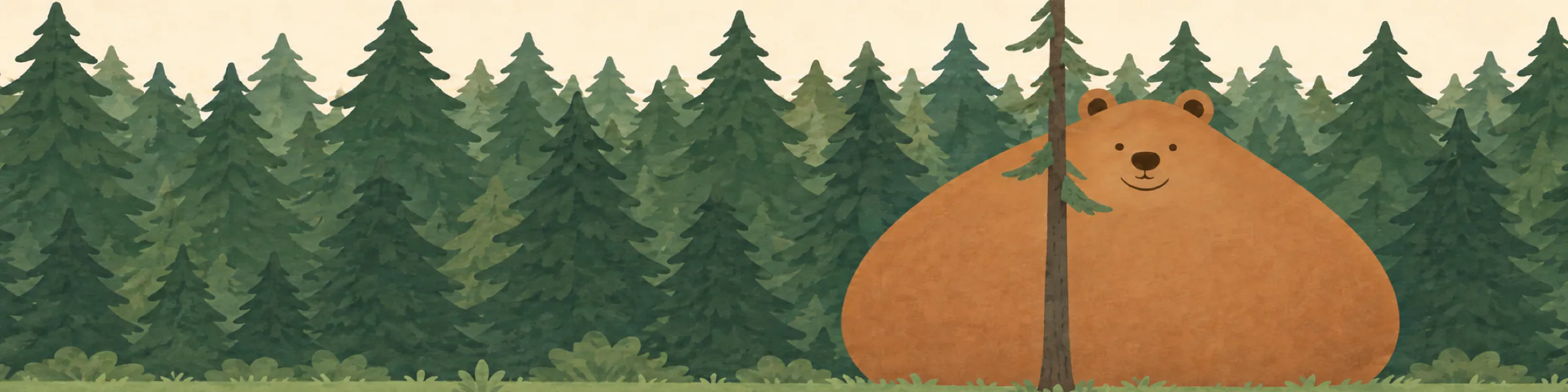 A comically enormous bear failing to hide behind a thin spruce tree at the edge of a forest