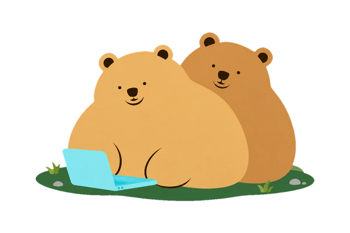 Two enormous bears sitting behind a blank laptop