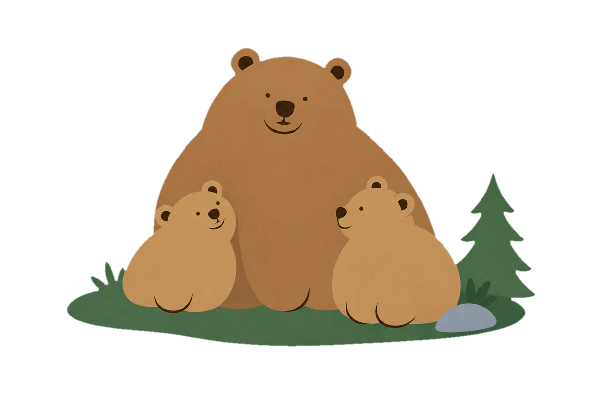 A mother bear with two cubs on a patch of grass